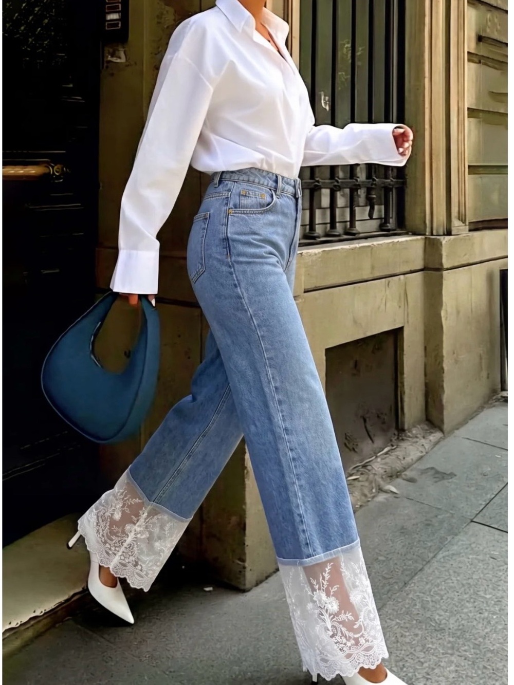 Women's Blue Denim Jeans with Lace Hem Small Size 2-4